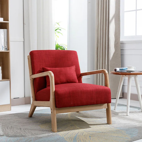 Red Hertford Upholstered Linen Blend Accent Chair With Wooden Legs And One Pillow 